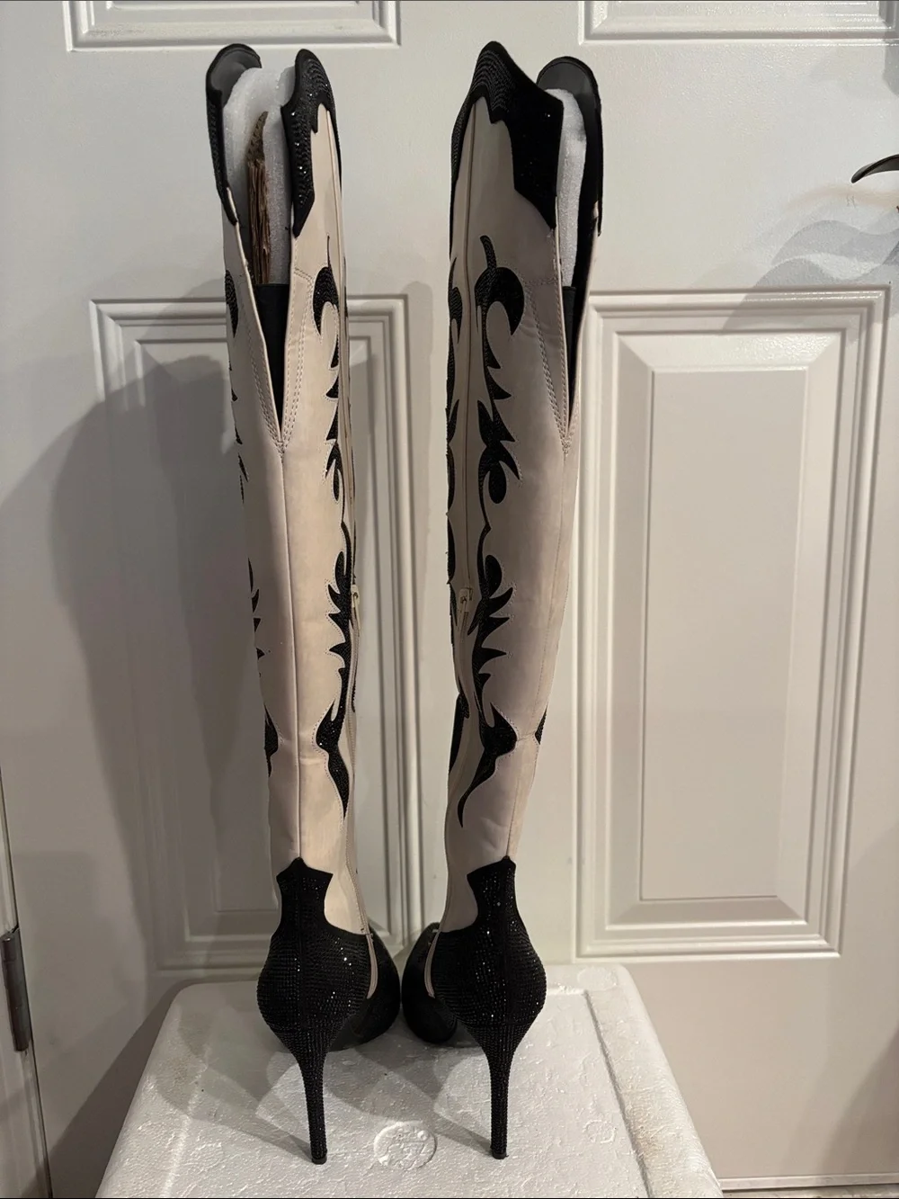 Tall Western-Inspired Knee Boots in Cream and Black